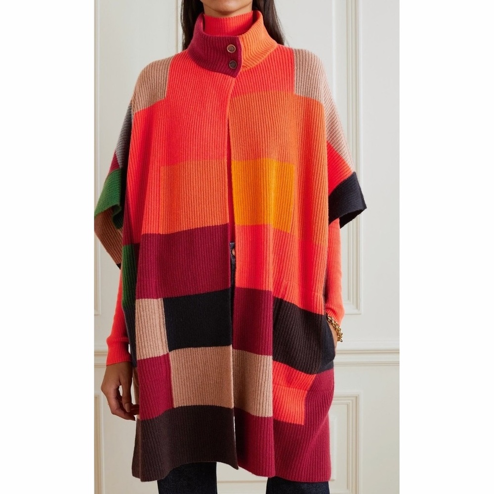 Akris Interior Abstract Print Intarsia Rib Cashmere Cape Poncho Knitwear Jacket